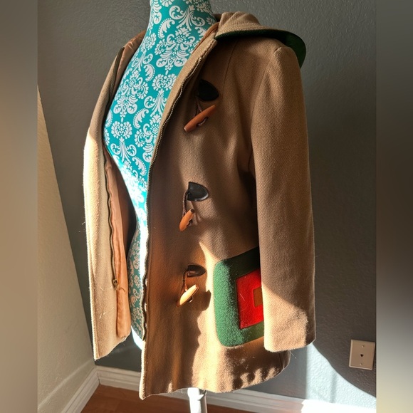 Tan Toggle Coat with Green and Red Accents Peacoat - Picture 2 of 8